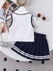 SHEIN Elladie kids 2件組少女校園風愛心印花翻領無袖上衣與百褶裙，附緞帶飾邊，返校女童秋季服飾 - 彩色 - 查看 2