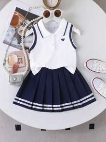 SHEIN Elladie kids 2件組少女校園風愛心印花翻領無袖上衣與百褶裙，附緞帶飾邊，返校女童秋季服飾 - 彩色 - 查看 6