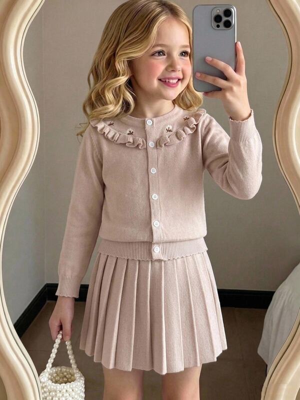 2pcs Young Girls Floral Embroidery Knit Cardigan Pleated Skirt Sets, Cute/Vintage/Casual Suits For School Outdoor, Autumn Outfits Baby Pink