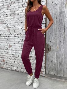 EMERY ROSE Solid Color Round Neck Slant Pocket Casual Versatile Sleeveless Jumpsuit - Burgundy - View 6
