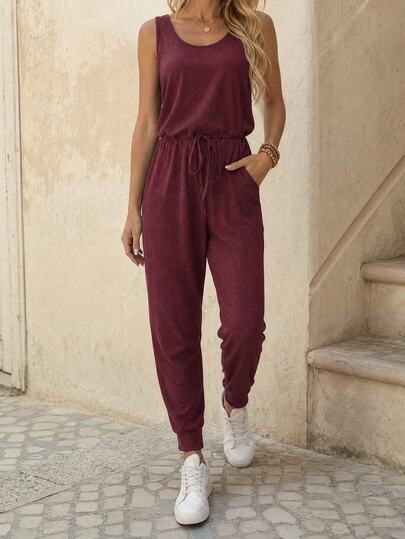 EMERY ROSE Solid Color Round Neck Slant Pocket Casual Versatile Sleeveless Jumpsuit