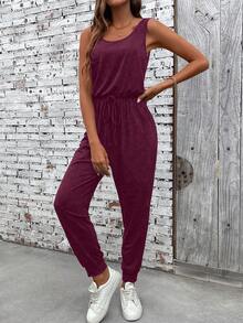 EMERY ROSE Solid Color Round Neck Slant Pocket Casual Versatile Sleeveless Jumpsuit - Burgundy - View 5