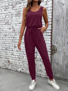 EMERY ROSE Solid Color Round Neck Slant Pocket Casual Versatile Sleeveless Jumpsuit - Burgundy - View 4