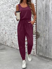 EMERY ROSE Solid Color Round Neck Slant Pocket Casual Versatile Sleeveless Jumpsuit - Burgundy - View 3