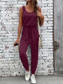EMERY ROSE Solid Color Round Neck Slant Pocket Casual Versatile Sleeveless Jumpsuit - Burgundy - View 7