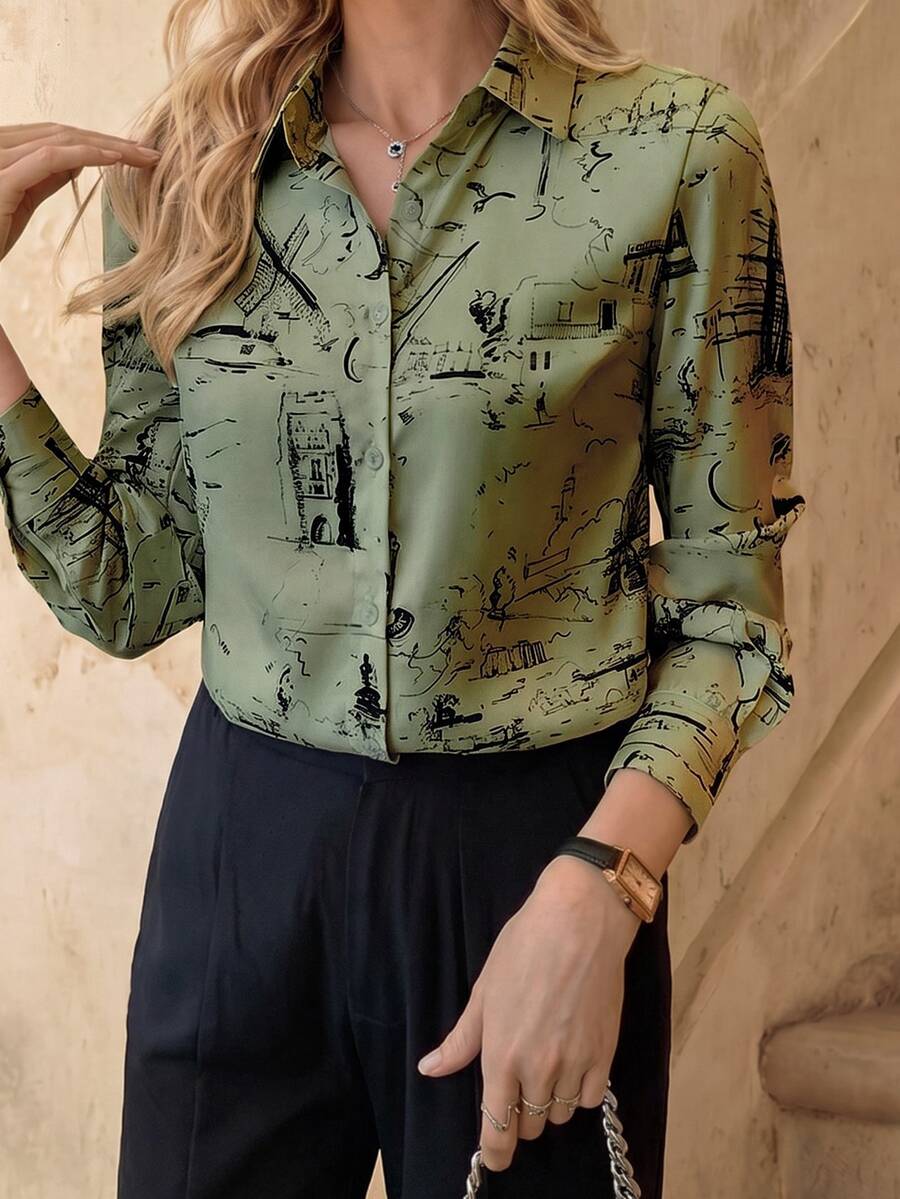 EMERY ROSE Women's Contrast Color Button Front Loose Casual Long Sleeve Shirt - Multicolor - View 1