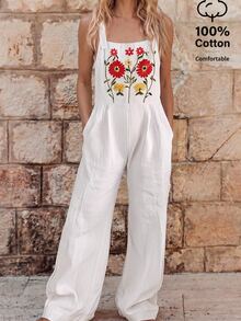EMERY ROSE Women's Cotton Embroidered Pocket Jumpsuit - White - View 1