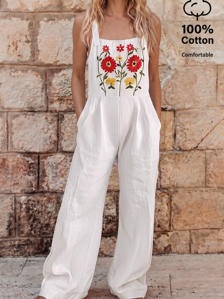 EMERY ROSE Women's Cotton Embroidered Pocket Jumpsuit - White - View 1