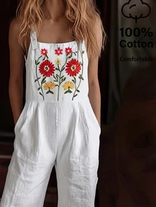 EMERY ROSE Women's Cotton Embroidered Pocket Jumpsuit - White - View 4