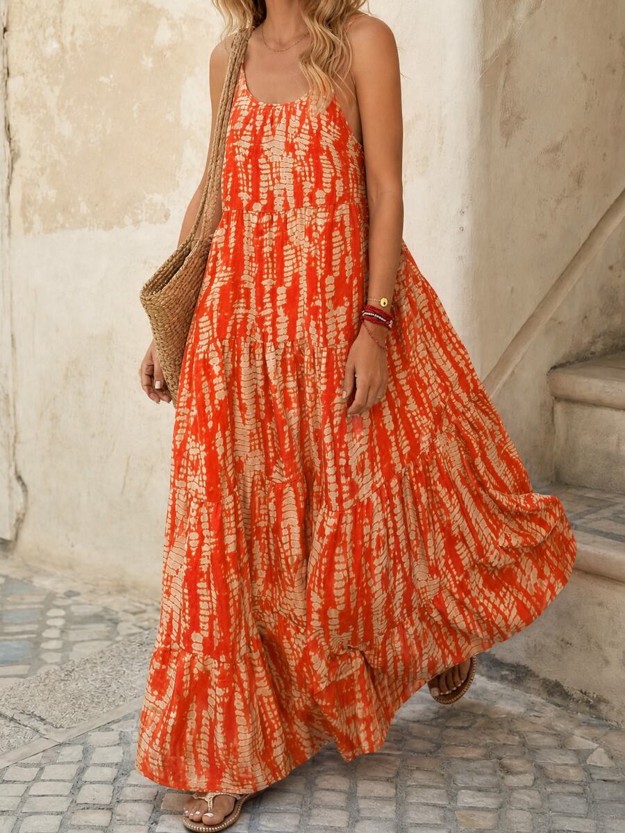 EMERY ROSE Holiday Casual Random Printed Strappy Dress Maxi Women Outfit - Orange - View 1