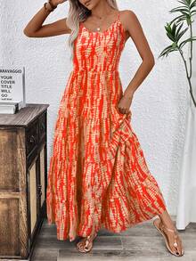 EMERY ROSE Holiday Casual Random Printed Strappy Dress Maxi Women Outfit - Orange - View 8