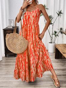 EMERY ROSE Holiday Casual Random Printed Strappy Dress Maxi Women Outfit - Orange - View 5