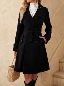 EMERY ROSE Mid-Length Women's Collar Buckle Cinched Waist Waist Gray Trench Coat Fall Winter Cloth For Women - Black - View 1