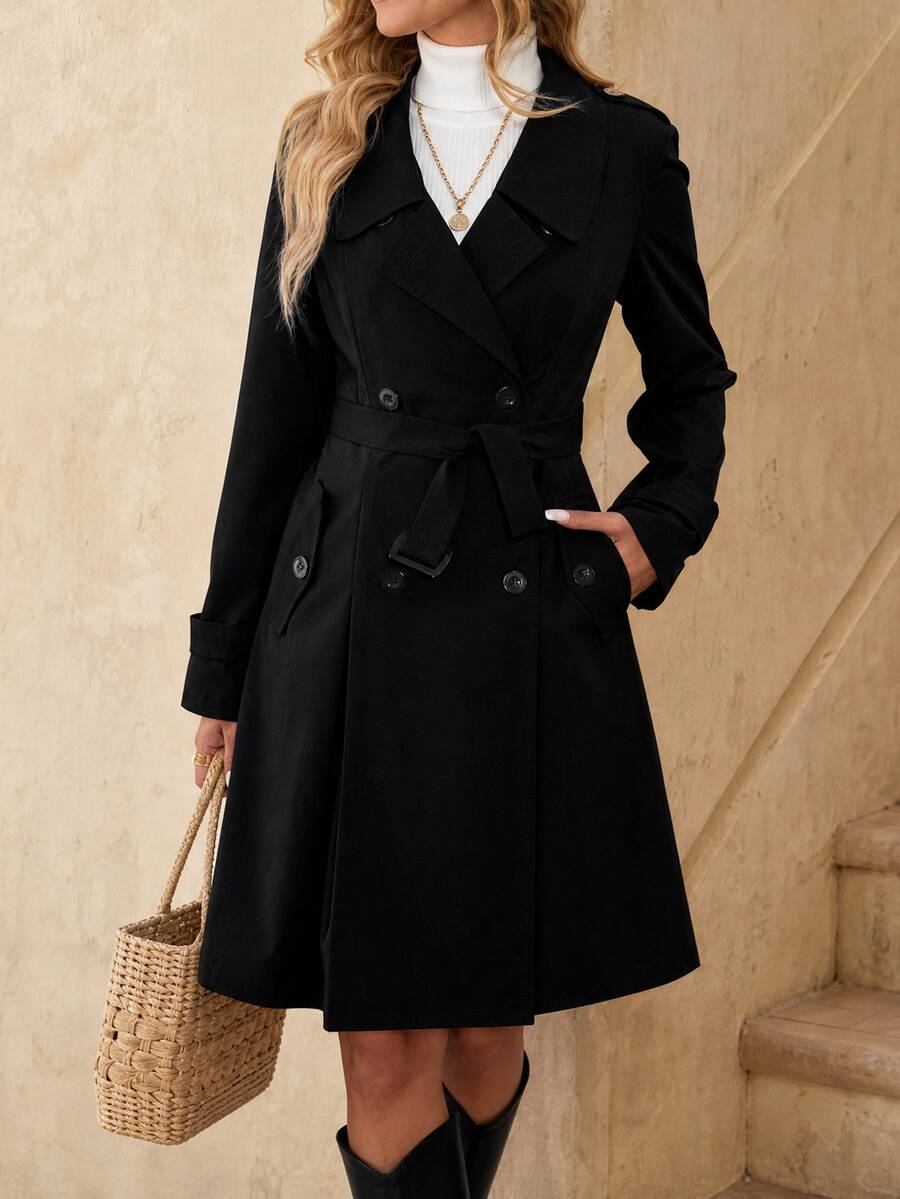EMERY ROSE Mid-Length Women's Collar Buckle Cinched Waist Waist Gray Trench Coat Fall Winter Cloth For Women - Black - View 1