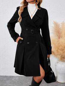 EMERY ROSE Mid-Length Women's Collar Buckle Cinched Waist Waist Gray Trench Coat Fall Winter Cloth For Women - Black - View 6