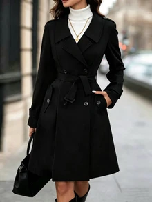 EMERY ROSE Mid-Length Women's Collar Buckle Cinched Waist Waist Gray Trench Coat Fall Winter Cloth For Women - Black - View 3