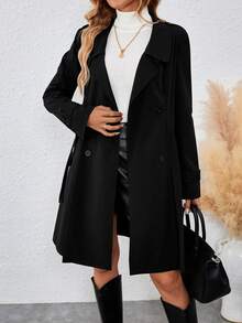 EMERY ROSE Mid-Length Women's Collar Buckle Cinched Waist Waist Gray Trench Coat Fall Winter Cloth For Women - Black - View 5