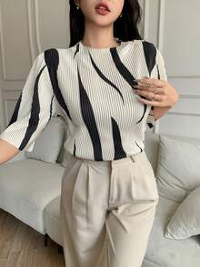 EMERY ROSE 不对称印花立领褶皱修身女式短袖 T 恤 - 杏色 - 查看 11