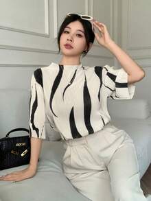 EMERY ROSE 不对称印花立领褶皱修身女式短袖 T 恤 - 杏色 - 查看 4