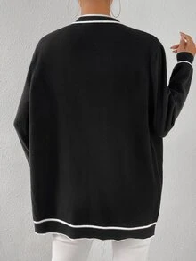 SHEIN 条纹边饰双口袋开衫、长袖上衣 - 黑色 - 查看 2