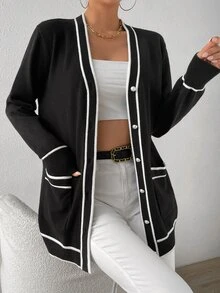 SHEIN 条纹边饰双口袋开衫、长袖上衣 - 黑色 - 查看 3