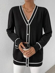 SHEIN 条纹边饰双口袋开衫、长袖上衣 - 黑色 - 查看 6