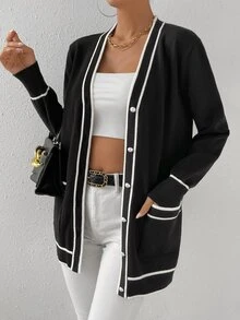 SHEIN 条纹边饰双口袋开衫、长袖上衣 - 黑色 - 查看 4