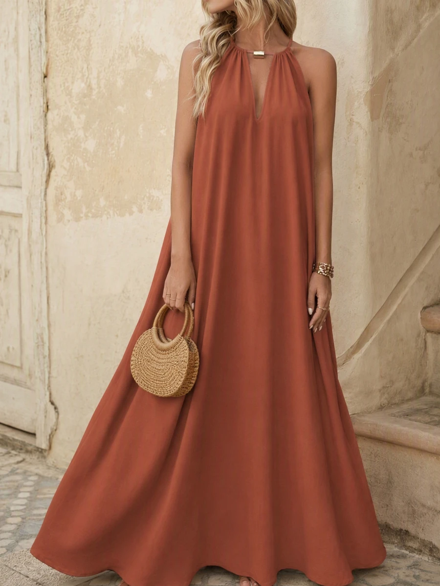 EMERY ROSE Women's Rust Brown Summer Tropical Beach Holiday Vacation Halter Maxi Dress,Solid Color Swing Neck Modest Burnt Orange Holiday Outfit For Women - Redwood - View 1