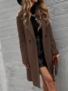 EMERY ROSE Women's Casual Solid Color Double-Breasted Overcoat, Autumn/Winter - Coffee Brown - View 1