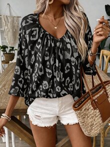 EMERY ROSE Women's Leopard Print Bohemian Style Casual V-Neck Ruched Loose Blouse Work Black Autumn - Black - View 4