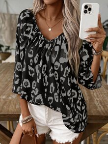 EMERY ROSE Women's Leopard Print Bohemian Style Casual V-Neck Ruched Loose Blouse Work Black Autumn - Black - View 7