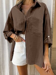 EMERY ROSE Women's Casual Solid Color Drop Shoulder Loose Blouse - Coffee Brown - View 5