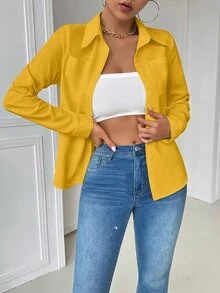 EMERY ROSE Casual Collared Pocket Fitted White Long Sleeve Women Shirt, Yellow Top Fall Cloth For Women - Yellow - View 6
