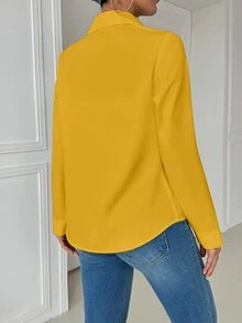 EMERY ROSE Casual Collared Pocket Fitted White Long Sleeve Women Shirt, Yellow Top Fall Cloth For Women - Yellow - View 2