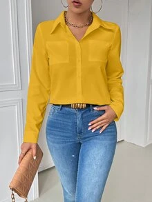 EMERY ROSE Casual Collared Pocket Fitted White Long Sleeve Women Shirt, Yellow Top Fall Cloth For Women - Yellow - View 7