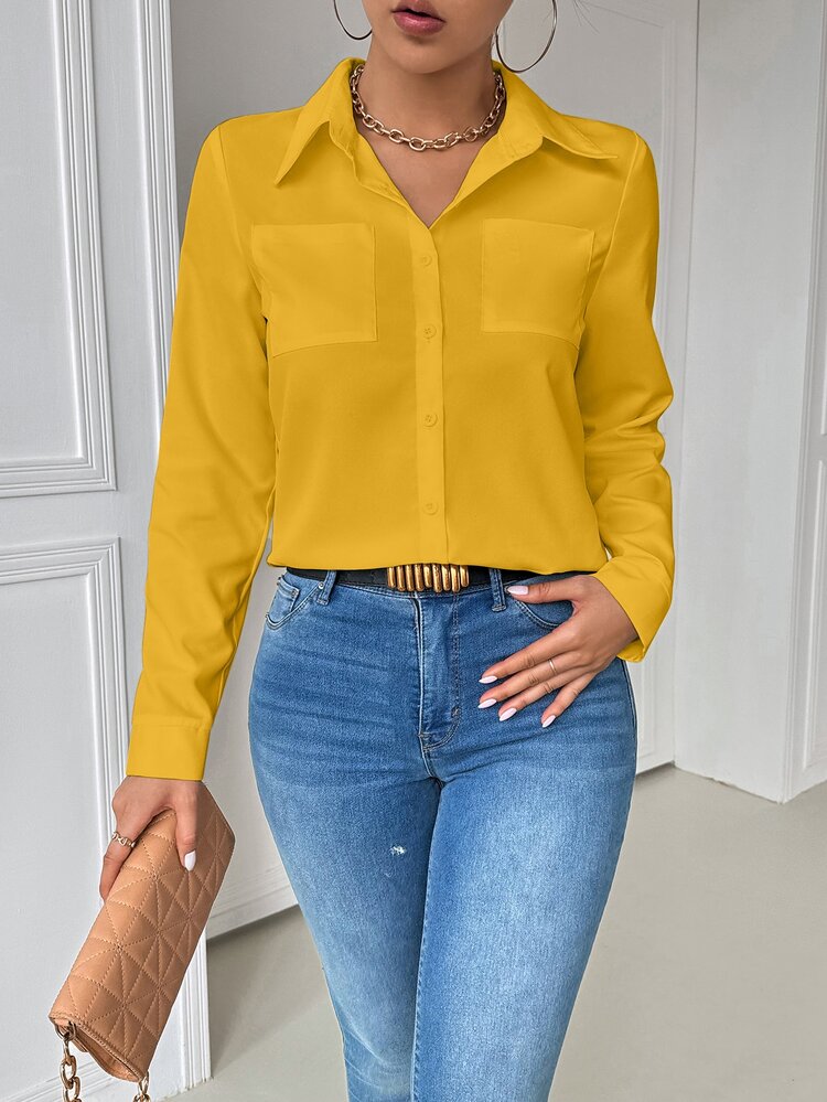 EMERY ROSE Casual Collared Pocket Fitted White Long Sleeve Women Shirt, Yellow Top Fall Cloth For Women - Yellow - View 7