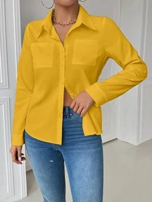 EMERY ROSE Casual Collared Pocket Fitted White Long Sleeve Women Shirt, Yellow Top Fall Cloth For Women - Yellow - View 5