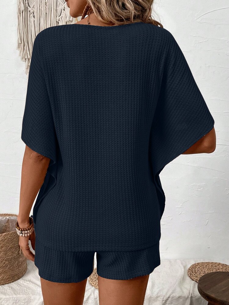 EMERY ROSE Solid Color Batwing Sleeve Crew Neck Top And Shorts Summer Casual 2pcs Outfit - Navy Blue - View 2