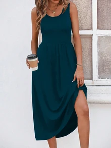 EMERY ROSE Solid Slant Pocket A-Line Dress Maxi Women Outfit - Teal Blue - View 6