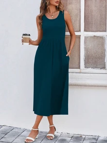EMERY ROSE Solid Slant Pocket A-Line Dress Maxi Women Outfit - Teal Blue - View 5