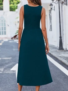 EMERY ROSE Solid Slant Pocket A-Line Dress Maxi Women Outfit - Teal Blue - View 2