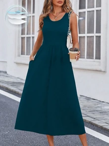 EMERY ROSE Solid Slant Pocket A-Line Dress Maxi Women Outfit - Teal Blue - View 3
