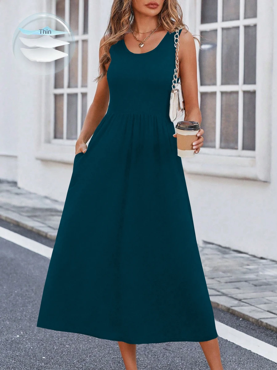 EMERY ROSE Solid Slant Pocket A-Line Dress Maxi Women Outfit - Teal Blue - View 1