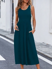 EMERY ROSE Solid Slant Pocket A-Line Dress Maxi Women Outfit - Teal Blue - View 4