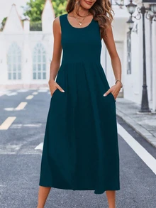 EMERY ROSE Solid Slant Pocket A-Line Dress Maxi Women Outfit - Teal Blue - View 7