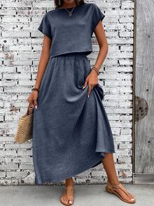 EMERY ROSE Women's Casual Solid Color Batwing Short Sleeve Loose T-Shirt And Extra Long Skirt 2 Pieces Set, Summer Brunch Vacation Slate Blue - Navy Blue - View 6
