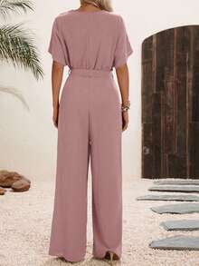 EMERY ROSE Women's Plain Color Wrap Tie Waist Short Sleeve Jumpsuit, Summer - Dusty Pink - View 2