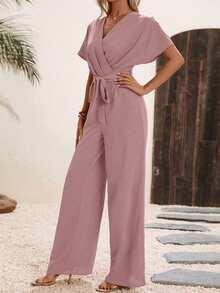 EMERY ROSE Women's Plain Color Wrap Tie Waist Short Sleeve Jumpsuit, Summer - Dusty Pink - View 6