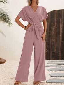 EMERY ROSE Women's Plain Color Wrap Tie Waist Short Sleeve Jumpsuit, Summer - Dusty Pink - View 5