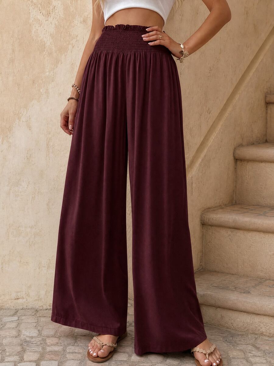 EMERY ROSE Women's Solid Color Pleated Casual Versatile Wide Leg Pants For Daily Wear - Red - View 1